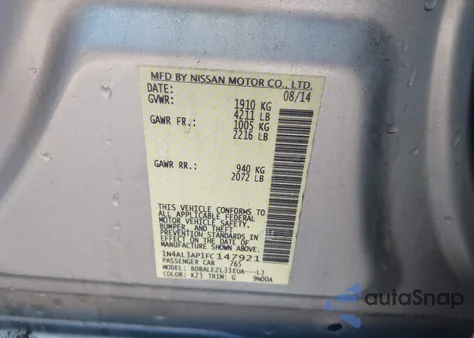 2015 Nissan Altima 2.5 S из США, поврежденный, VIN 1N4AL3AP1FC147921